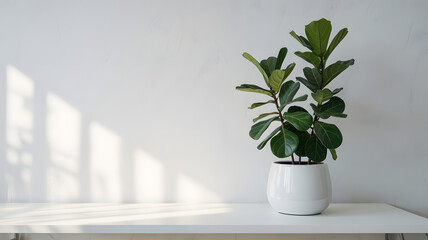 Fototapeta premium A fiddle leaf fig plant in a white pot on a white surface against a white wall with shadows on it