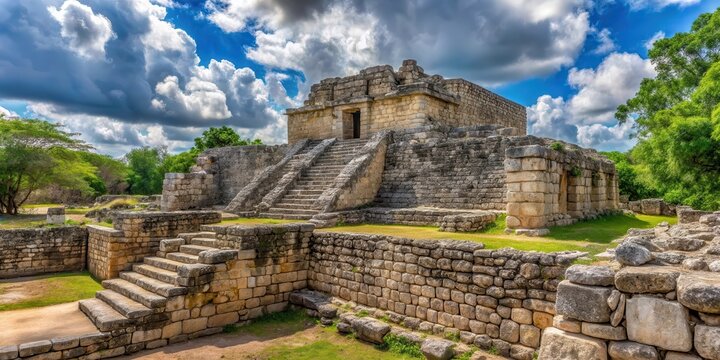 Ancient stone walls and crumbling mortar surround a large stone structure at the center of Labna's Mayan archaeological site in Mexico's Yucatan Peninsula