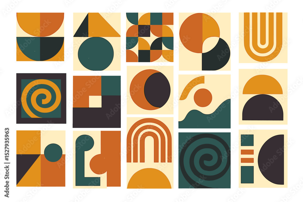 Poster geometric shapes collection showcasing various colorful abstract design icons in a tiled format