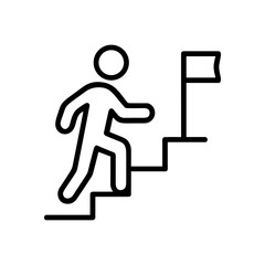 Person scaling staircase towards goal. Icon symbol illustration