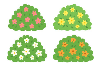Cartoon vector illustration featuring four green bushes adorned with pink, yellow, white, and orange flowers