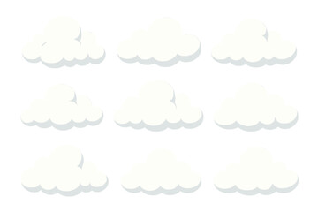 Nine white cartoon clouds arranged in a grid isolated on white background
