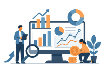 Data analysis and financial growth visualization on a computer screen with two people