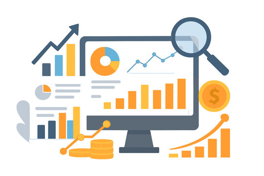 Flat vector illustration of financial data analytics and growth on computer