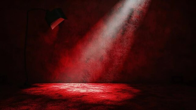 Dramatic spotlight illuminates a textured red interior evoking mystery and suspense