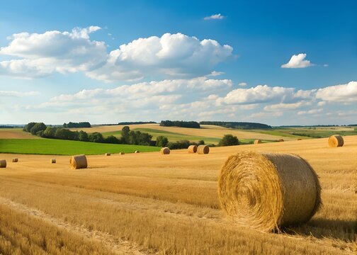 Golden hay bales on a summer farmland with blue sky and clouds