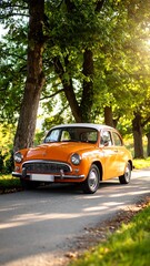 Classic orange car parked under leafy trees on a sunny day