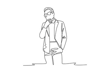 One single line drawing of young boy use trendy fashion. outfit minimalist concept. Fashion for daily activity concept.