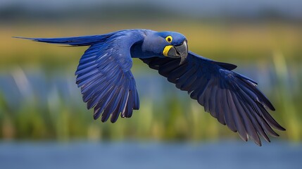 A majestic deep-blue macaw with golden facial rings glides above Brazil’s lush Pantanal basin.