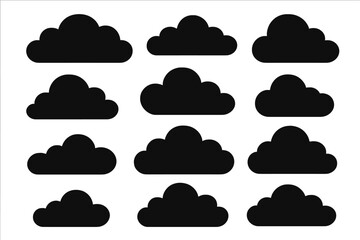 Set of cartoonish dark clouds vector silhouette icons isolated on white background
