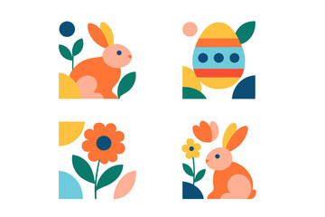 Four squares featuring easter bunny, decorated egg, and flowers vector illustrations on white background