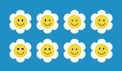 A set of daisy flowers with cute smiley faces. Each flower has an expression including a wink, heart eyes, star eyes, and a happy smile. Perfect for emoticons, stickers, and decoration designs.