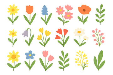 Spring flowers cartoon vector icon set with colorful tulips, daisies, and other blooms isolated