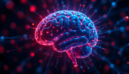 Title: Glowing Neural Connections in Digital Human Brain, Futuristic Artificial Intelligence Concept