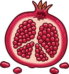 Cartoon Pomegranate Half Clipart – Fresh Red Fruit Illustration with Seeds for Kids, Healthy Snack, and Nature Designs

