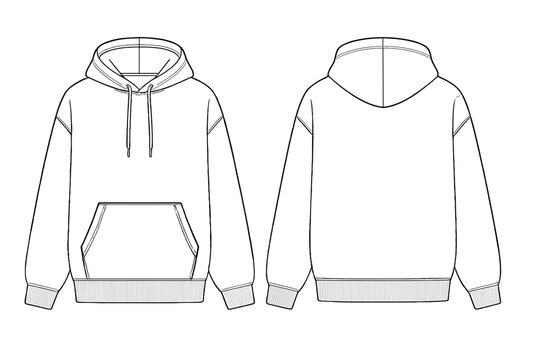 Hoodie vector outline drawing front and back views, casual sweatshirt template for fashion design isolated on white