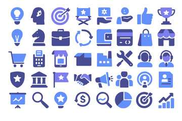 Collection of business and management solid vector icons in light and dark blue color isolated on white background