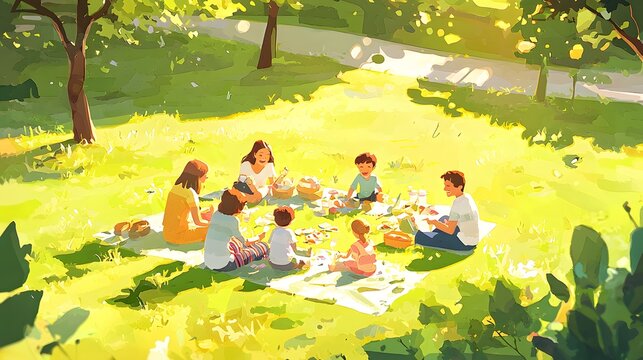 A happy family enjoying a delightful picnic in the park surrounded by nature and sunshine