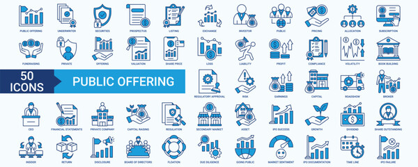 Public Offering icon set with listing, exchange, investor, public, pricing, allocation, subscription, fundraising, private, valuation