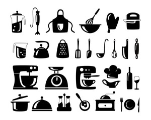 A set of hand-drawn cooking icons. Images of dishes, kitchen appliances and food-related items, kitchen utensils. Cookbook, menu and more, vector illustration