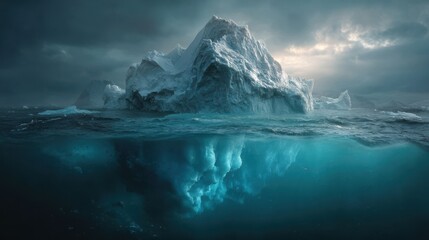 Fototapeta premium An iceberg floating in Arctic waters, its submerged blue-ice bulk glowing eerily beneath the ocean's surface.