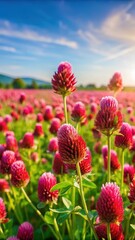 Obraz premium A vibrant field of red clover flowers swaying gently in the breeze on a sunny day