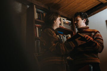 Two friends chat warmly while holding a book in a cozy library ambiance. The wooden decor and bookshelves enhance the warm and inviting atmosphere.