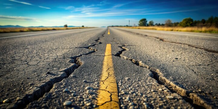 Close-up view of asphalt road with worn-down surface and cracks