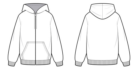 Zip up Oversized Hoodie Jacket with Kangaroo Pocket-Front and Back View- Technical Illustration- Fashion Flat