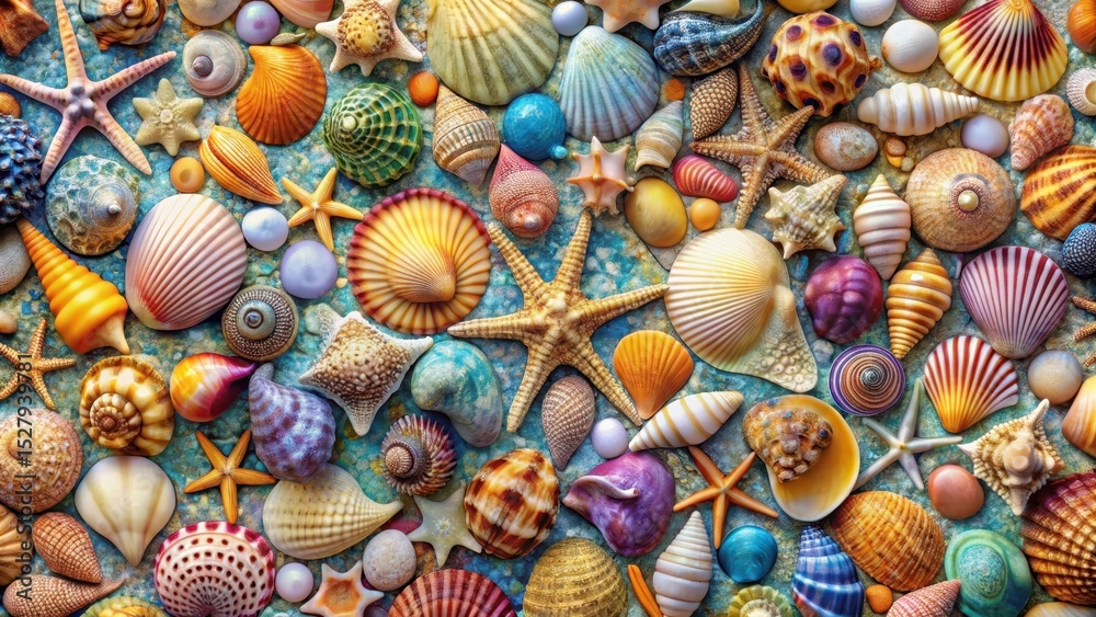 Wall mural shell mosaic repeat pattern featuring various ocean-inspired shells in a colorful arrangement