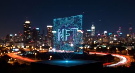 Fototapeta premium Futuristic cityscape with glowing blue abstract digital connections, symbolizing smart city technology and global network, wide