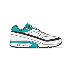 White, green, and black sneakers, outlined and isolated on a white background. Suitable for commercial purposes.