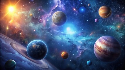 Dark celestial landscape with dense starry sky and multiple planets