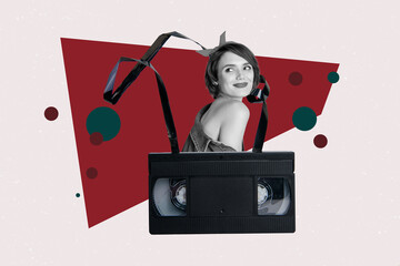 Mockup trend collage of people near tape string cassette on white red color background
