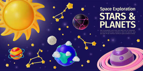 Fototapeta premium 3d Space Exploration Stars and Planets Concept Ads Banner Promotion Poster Card Cartoon Design Style. Vector illustration