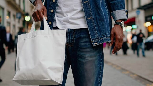 Urban African American male walking city street, holding white minimalist tote bag, embodying casual sophistication with modern streetwear aesthetic