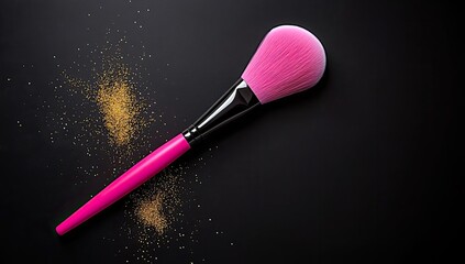 Pink makeup brush on black background with golden powder