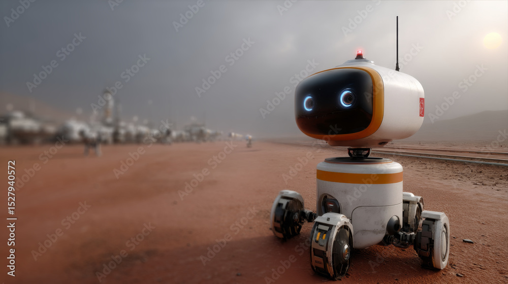 Poster A small robot traverses the surface of a distant planet, equipped with sensors and cameras. It performs an expedition to gather data and search for signs of life in a dusty, desolate environment.