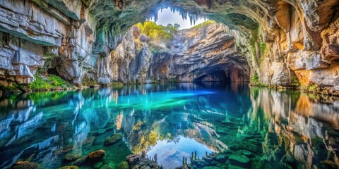 Fototapeta premium Crystal clear waters of Melissani Lake Cave reflected in the cave's interior