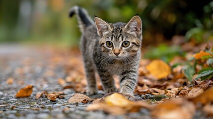 Fototapeta premium A curious tabby kitten walking on a leaf-covered path in a forested area.