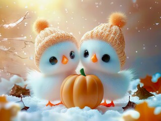 Obraz premium Cute Winter chick and duck Friends with Pumpkin