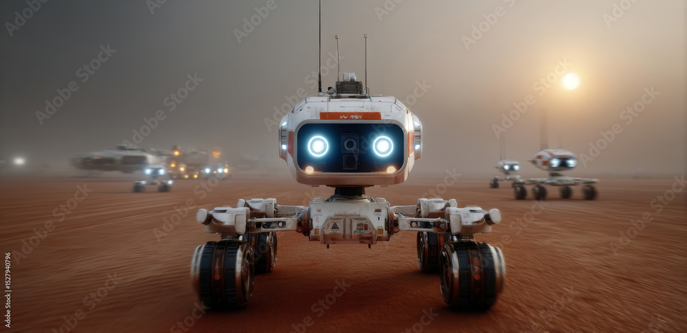 Aufkleber A group of exploration robots navigate a dusty, red landscape on a distant planet during twilight. Equipped with bright lights, they search for signs of life and gather data for future missions.