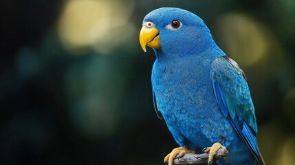 Naklejka premium A vibrant blue parrot perched on a branch with a blurred green background.