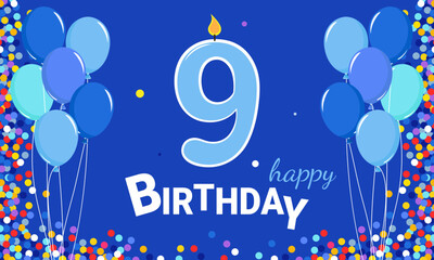 9 years old. Balloons and confetti on a blue background. A children's birthday party for a boy. Happy birthday card with a candle 9.
