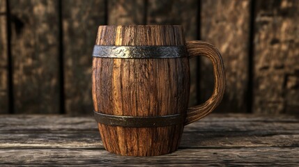 A wooden mug with a handle and a metal band on it, placed on a wooden table against a wooden wall.