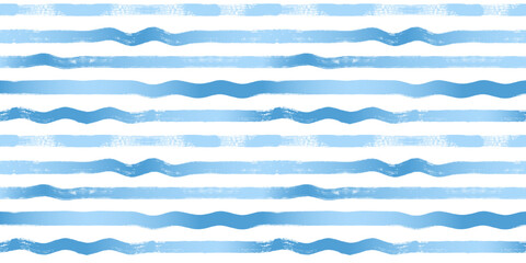 Wave stripes seamless pattern. Hand drawn wavy water lines vector print, textured paint lines with waves, blue watercolor background