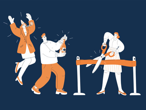 Cartoon vector illustration of a woman inaugurating a new venture by cutting a ribbon, symbolizing achievement and fresh starts over dark background