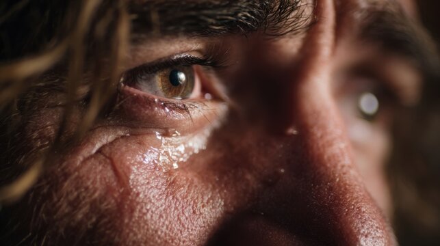 Closeup of a person with tears in their eyes, experiencing a moment of transformation and understanding as Jesus speaks about forgiveness and grace.