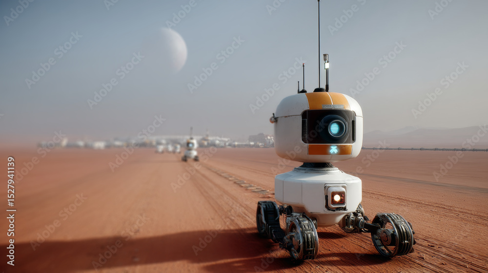 Poster robotic explorers traverse a barren, reddish terrain under a distant moonlit sky. these autonomous m