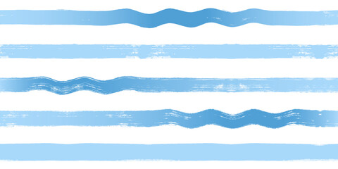 Wave stripes seamless pattern. Hand drawn wavy water lines, ocean vector print, textured paint lines with waves, blue watercolor background